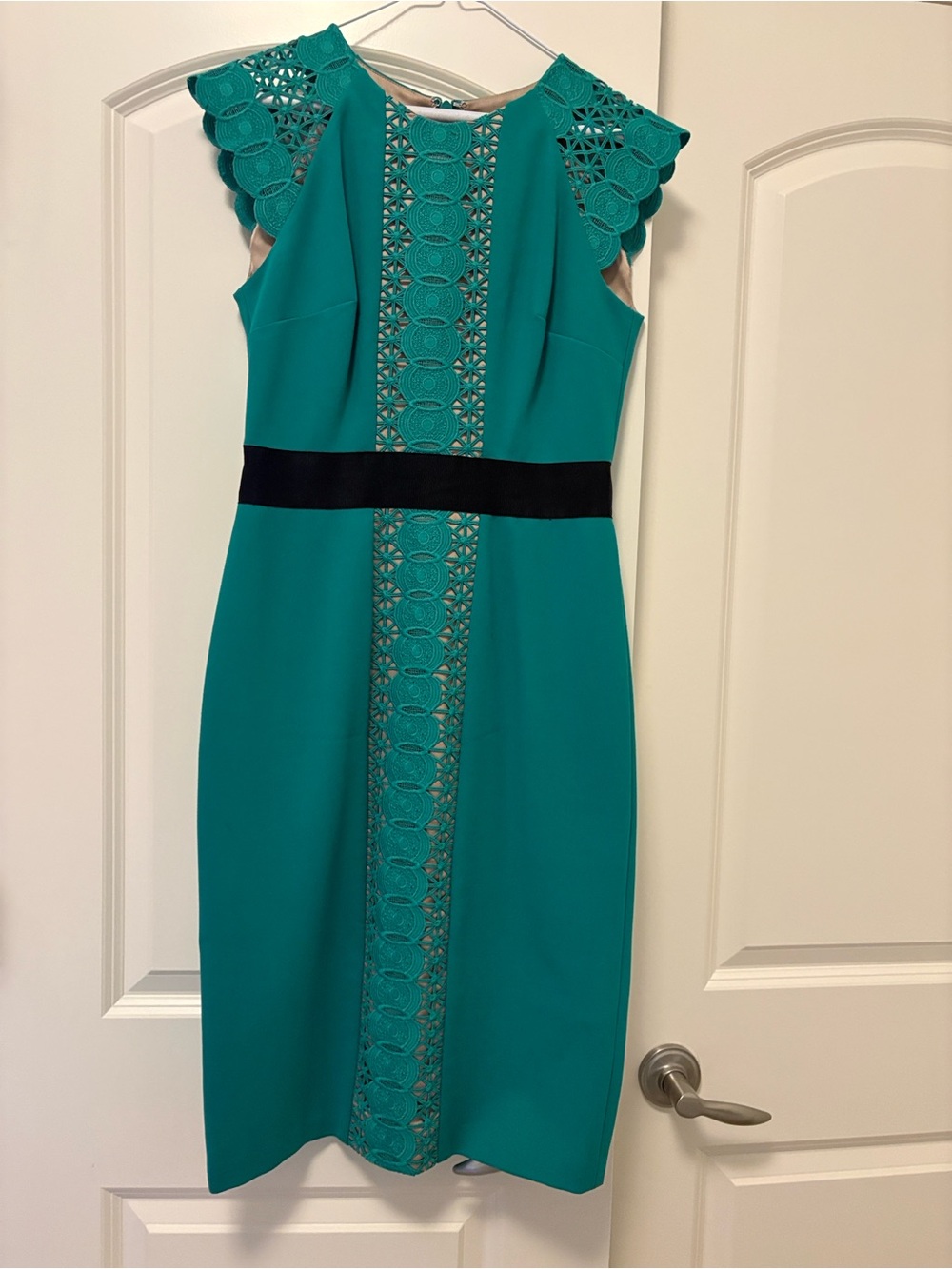 Teal Lace-Panel Sheath Dress with Black Waistband